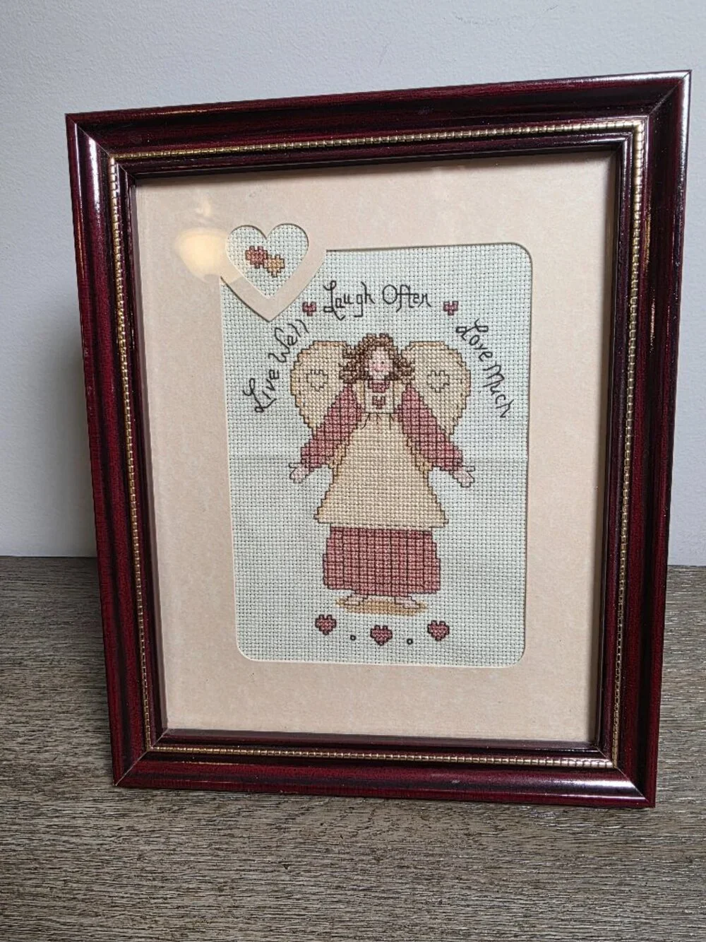 Completed Cross Stitch Framed Angel Live Well Laugh Often Love Much Cottagecore